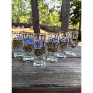 6 German 1.5 oz Gold Rim Shot Glasses German Cities Made In Germany 3.75" Tall